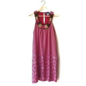 Buttons Beaded Collar Floral Mandala Print Dress
